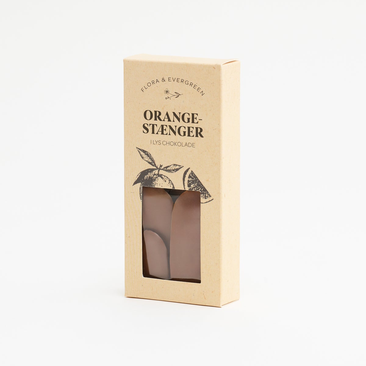 Orangestænger i lys chokolade
