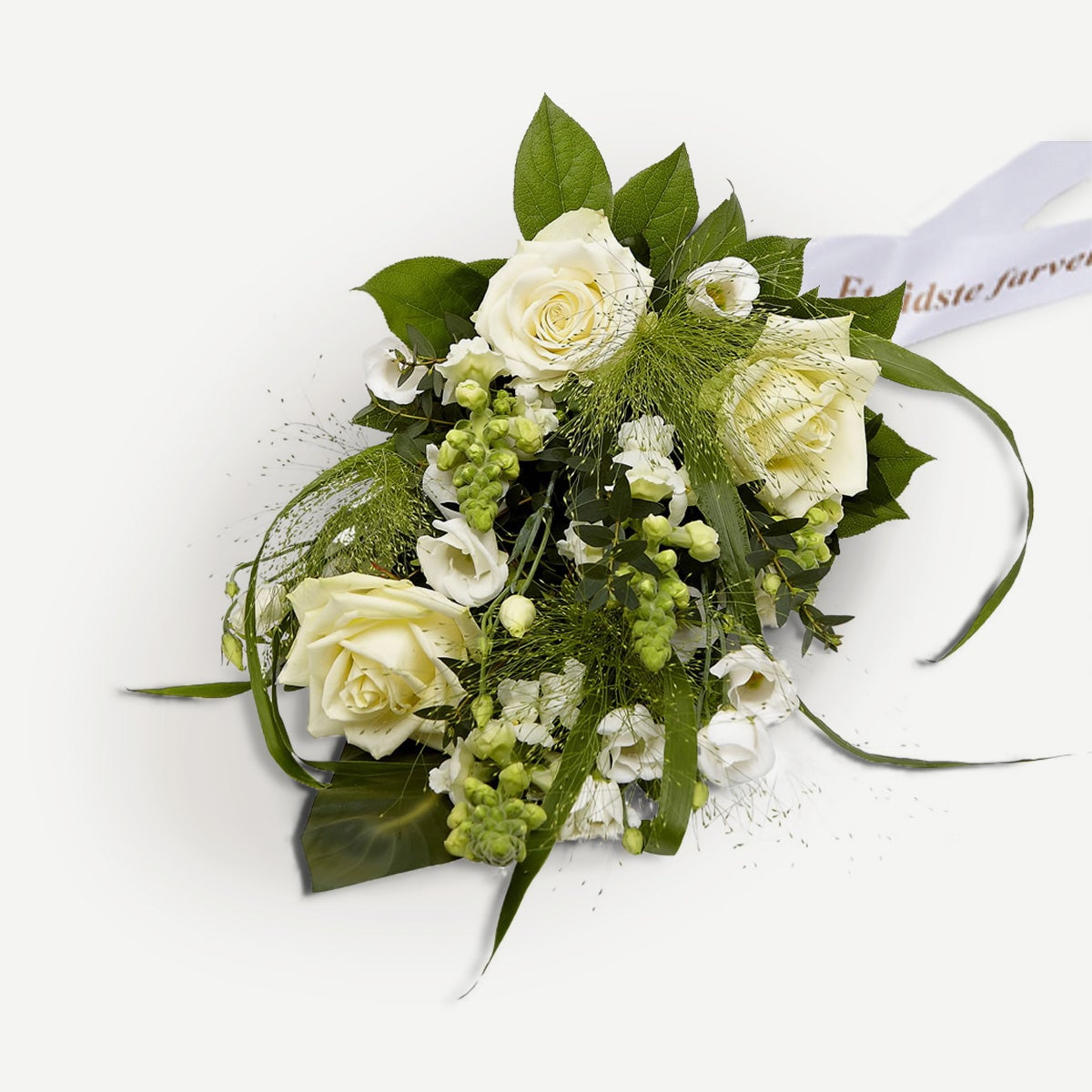 Bårebuket, hvid (Floristens kreative valg) med bånd